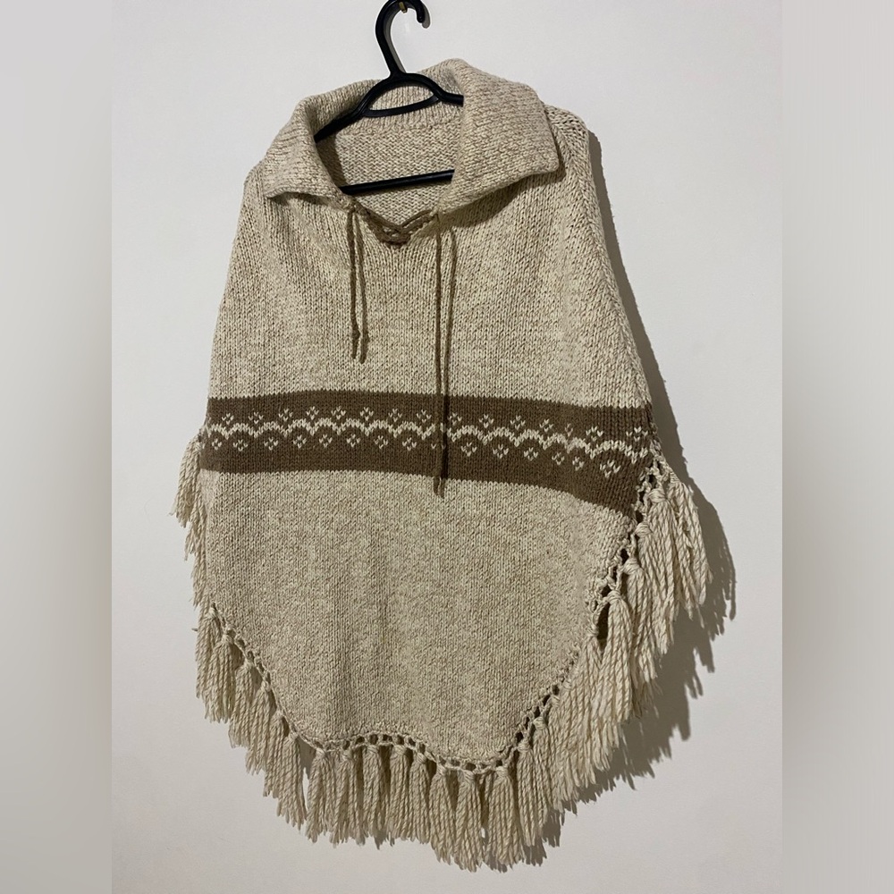 Beige and Brown Knit Poncho with Fringe